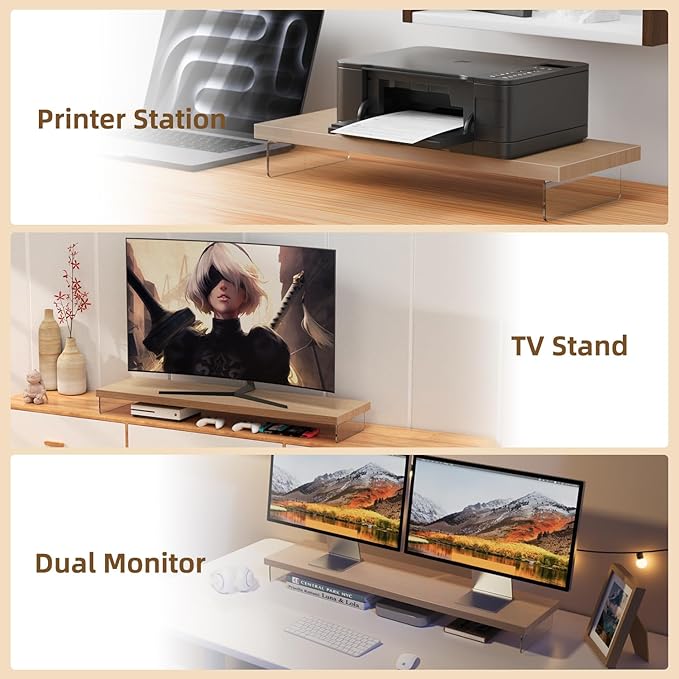 Monitor Stand Riser, Wood & Acrylic Computer Monitor Stand Desk Desktop Organizer Table For Home, Office Workspace, Laptop Riser, Printer, PC & TV Screen Riser