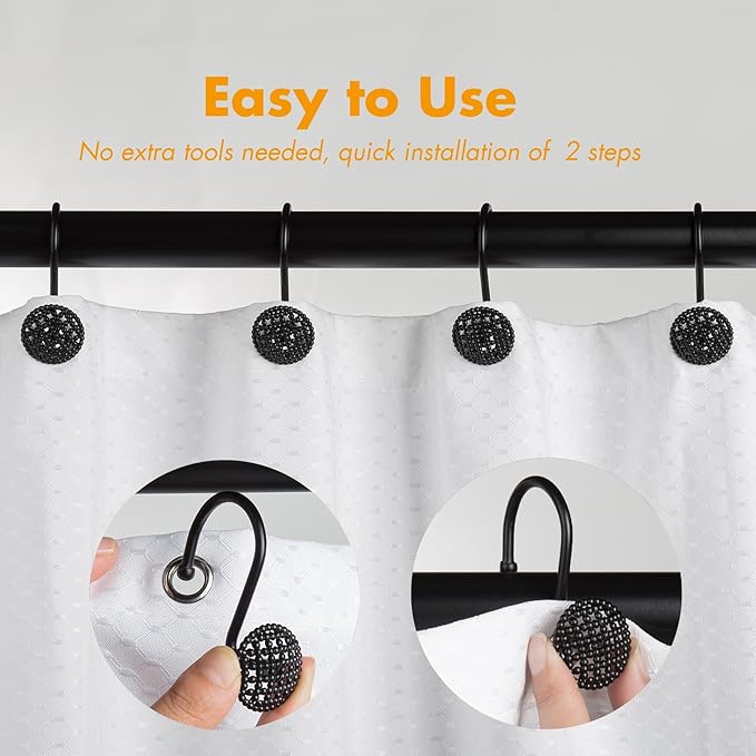 Pearlbee Black Shower Curtain Hooks Rings, Rust-Resistant Metal Glide Shower Hooks for Bathroom Shower Rods, Bathroom Accessories Set of 12 Hooks - Matte Black