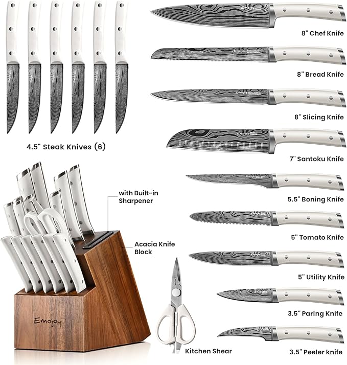 Knife Set, Emojoy 18-Pieces Kitchen Knife Set With Wooden Block, German Stainless Steel Knife Block Set With Built-In Sharpener, Professional Sharp Knives Set for Kitchen,White