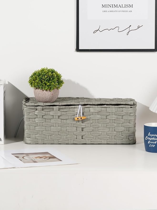 Temary Cable Management Box with Lids, 2-Pack Handmade Cable Organizer Boxes for Home, Office to Hide Cords and Power Strip, Cord Cover Floor Hider Set Woven Rattan Cable Organizer Box (Grey)