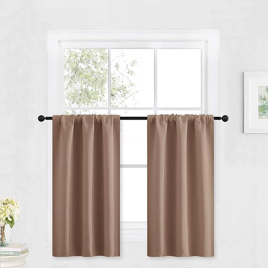 RYB HOME Small Window Curtains - Light Block Privacy Portable Drapes for Bedroom Kitchen Cabinet Kid Basement RV Curtains, Wide 29 x Long 36 per Panel, Mocha, 2 Pcs