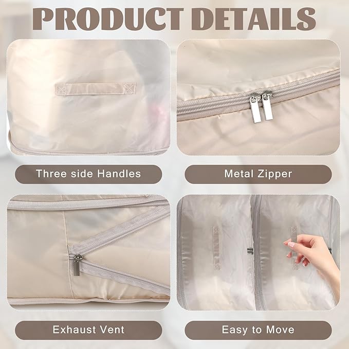 3 Pack 3-Layer Blanket Storage Organizer Comforter Storage Bag Large Capacity Compression Bags Washable Ultra Space Saving Self Organizer for Sweaters Sheets Clothes Pillow Beige