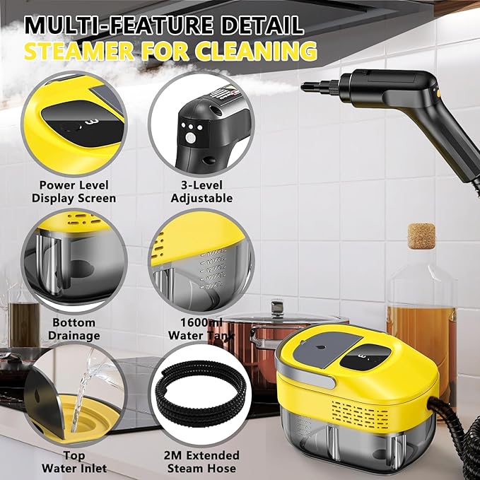 3 Level Adjustable Pressurized Handheld Steam Cleaner for Home, 10s Heat-Up Handheld Steamer for Cleaning, 1.6 Qt Tank Portable Steam Cleaner Handheld for Car,Grout,Tile,Couch,Floor (yellow)