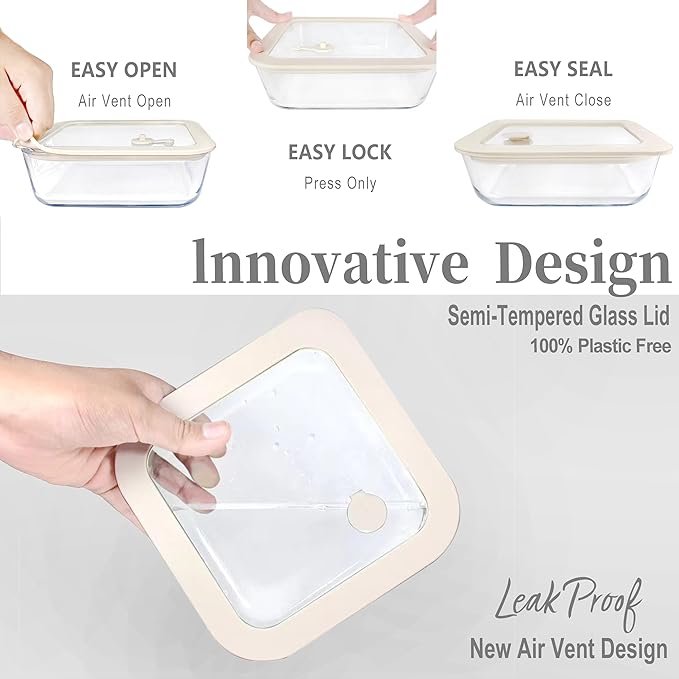 Urban Green Glass Food Container Set with Glass Lid, 4 Pack, Meal Prep Containers with Silicone Framed Airtight Lid, Leakproof, 100% Plastic Free,