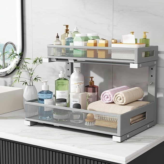 2 Pack 17IN Depth Under Sink Storage Organizer, Large 2-Tier Elegant Mesh Pull Out Shelf for Kitchen and Bathroom Cabinet Organization, L-Shaped and Adjustable Height Design-Gun Gray
