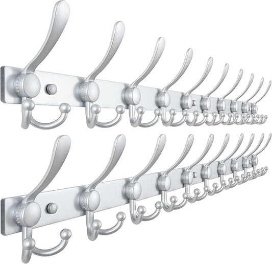 Dseap MaxStrong 2.0 Coat Rack Wall - 37” Long 10 Tri Hooks - Ultra Heavy-Duty Stainless Steel Wall Mount Coat Hanger, Hook Rail for Clothes Hats Jacket Towels Silver, Pack of 2