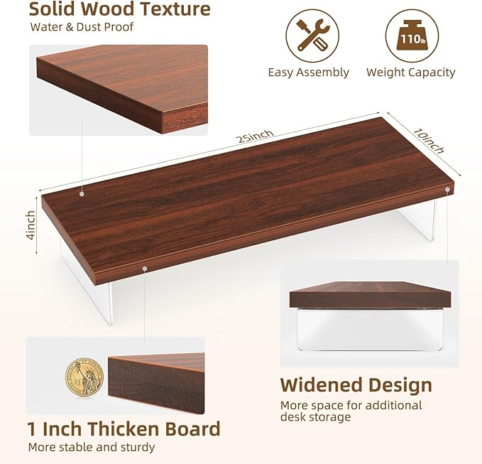Monitor Stand Riser, Wood & Acrylic Computer Monitor Stand Desk Desktop Organizer Table for Home, Office Workspace, Laptop Riser, Printer, PC & TV Screen Riser