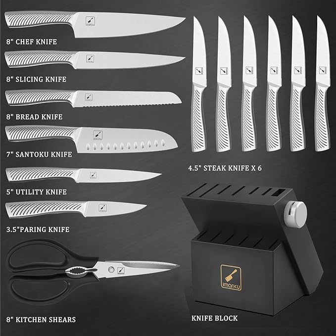 Knife Block Set, 15Pcs High Carbon Stainless Steel Knife Set with Block, Kitchen Knife Set Black, Dishwasher Safe, Build-in Sharpener