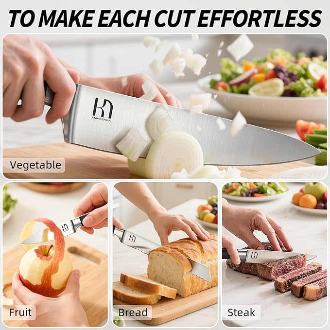 Knife Set, 15 Pcs Kitchen Knife Block Sets with Sharpener, Japanese High Carbon Stainless Steel Set of Knives, Premium Razor Sharp Black Knives Set with Block for Kitchen, Ergonomic Handle