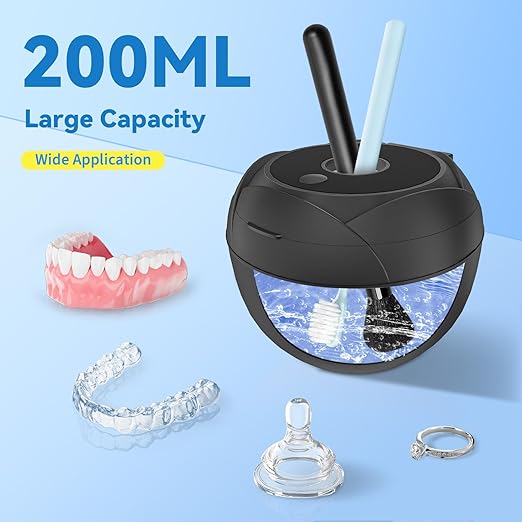 Ultrasonic Retainer Cleaner Machine 45khz Cleaning Pod for Denture Cleaner 200ml Mouth Guard, Aligner, Night Guard, Jewelry, 4 Cleaning Modes Digital Timer, Gifts for Women, Christmas Gifts, Black