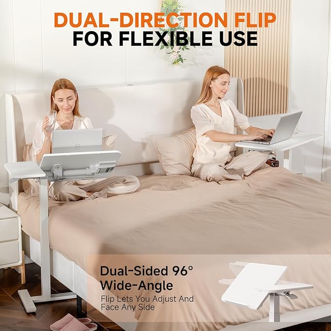 COMHOMA Tiltable Mobile Small Standing Desk, Pneumatic Adjustable Height Overbed Bedside Table with Wheels, Sit Stand Portable Rolling Laptop Desk Computer Workstations, White