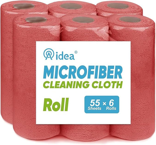 AIDEA Microfiber Cleaning Cloth 330 Sheets(6 Roll), Microfiiber Cloth for Cleaning Car, Reusable Paper Towels, Red Shop Rags Microfiber Towels for Automotive, Mechanic, Workshops, House-11×9"