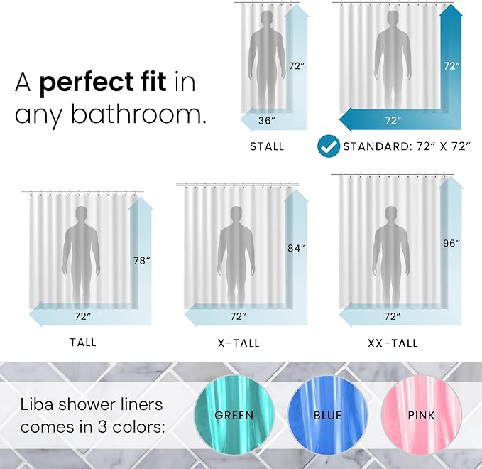 LiBa Bathroom Shower Curtain Premium PEVA Non-Toxic, Green Clear Waterproof Plastic Shower Curtain Liner with Rust Proof Grommets 8G Bathroom Accessories 72x72