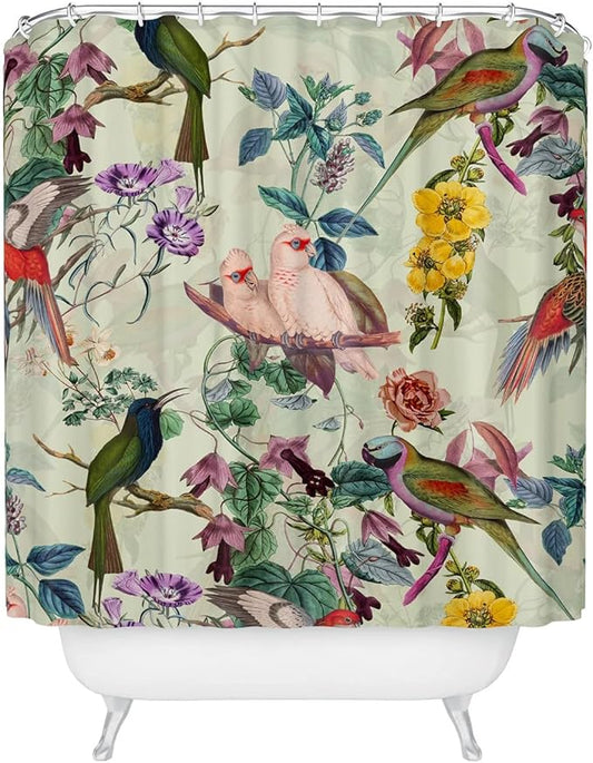 Society6 Shower Curtain - Bathroom Decor by Burcu Korkmazyurek - Extra Long Fabric Shower Curtains for Bathroom, 71" x 74", Floral and Birds VIII