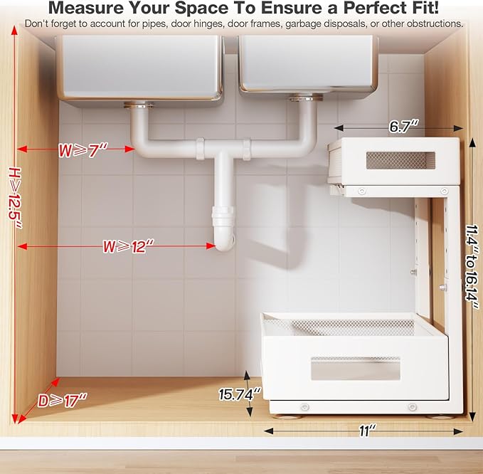 2-Pack Under Sink Storage Organizer, Large 2-Tier Elegant Mesh Pull Out Shelf for Kitchen and Bathroom Cabinet Organization, L-Shaped and Adjustable Height Design for Maximum Space Efficiency-White