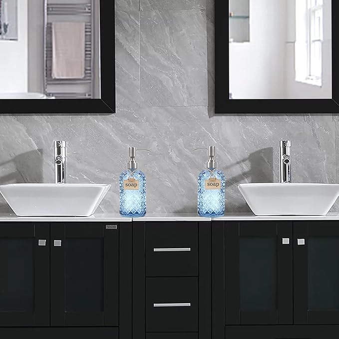 16 Oz Soap Dispenser with 304 Rustproof Stainless Steel Pump, Kitchen, Bathroom Soap Dispenser， Refillable Liquid Glass Soap Dispenser for Hand Soap, Soap, Lotion. (Blue-2pack)