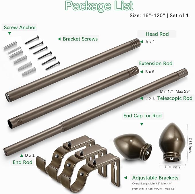 Curtain Rods for Windows 16 to 120 inches, Curtain Rod Max Adjustable Length to 132 in, Drapery Rod 1 inch Diameter with Modern Knobs Finials (Brown, 16" to 120" - Set of 1)