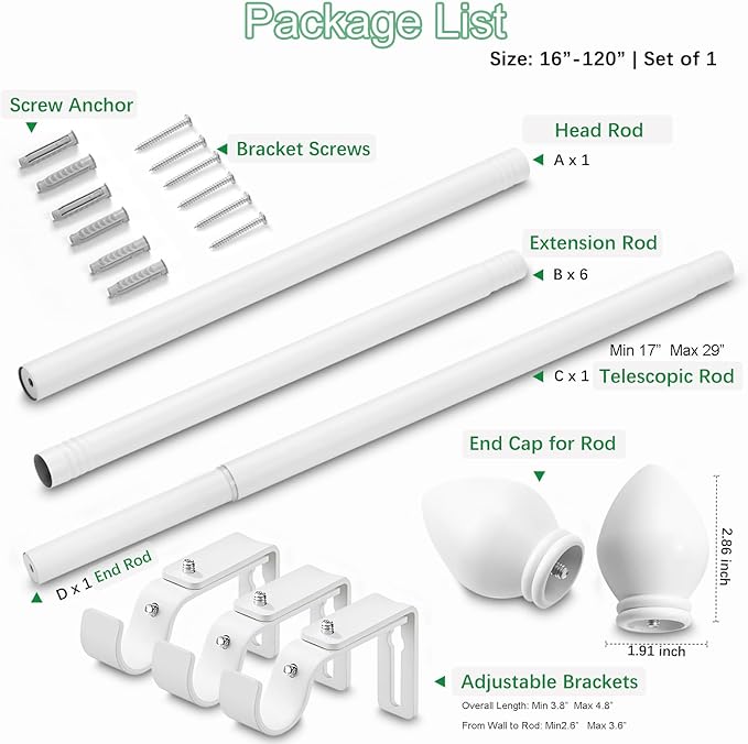 Curtain Rods for Windows 16 to 120 inches, Curtain Rod Max Adjustable Length to 132 in, Drapery Rod 1 inch Diameter with Bracket (White, 16" to 120" - Set of 1)