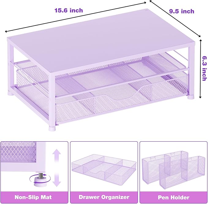 Desk Organizers and Accessories, 2-Tier Computer Monitor Stand Riser with Drawer and 2 Pen Holders, Laptop Stand, Office Desk Accessories & Office Decor for Women, Purple