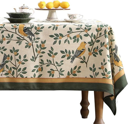 patdrea Designer Vintage French Floral Square Tablecloth,Yellow Brids Green Leaves Pattern Linen Table Cloth,Decor Kitchen Dining Holiday Banquet Christmas,Thanksgiving,Party,67"x67"-Warbler