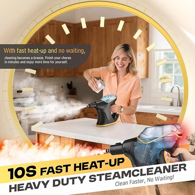 10S Fast Heating Heavy Duty Steam Cleaner with Continuous Spray & Safety Lock, Natural Steamer for Deep Cleaning, Multipurpose Handheld Steamer with 9 Accessories for Home Car Furniture Kitchen Grease