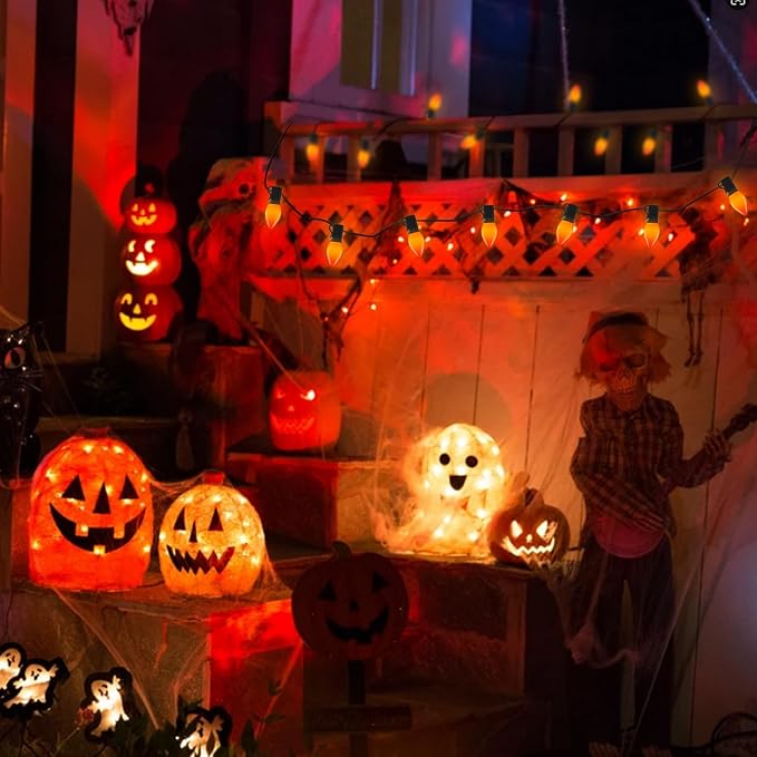 SUNSGNE C9 LED Halloween Orange String Lights 25FT Outdoor String Lights with 27 0.6W LED Plastic Bulbs(2 Spare) for Patio Garden Roofline Backyard Decorations, Black Wire