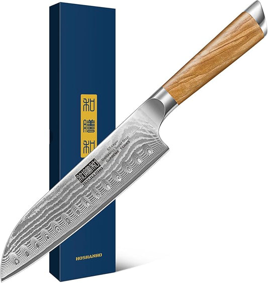 HOSHANHO Damascus Santoku Knife 7 Inch, Professional Japanese Damascus Super Steel Kitchen Knife, Sharp Cooking Knife with Durable Ergonomic Olive Wood Handle