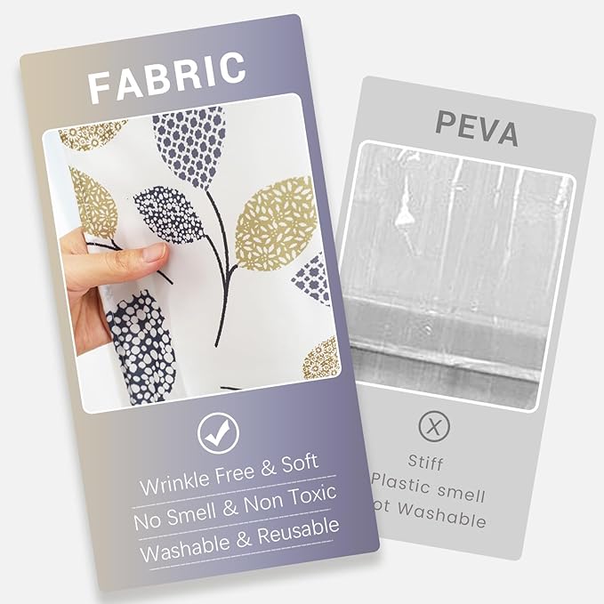 VIUOON No Hook Shower Curtain with Snap-in Fabric Liner Set, Double Layers Heavy Duty Fabric Small Leaf Pattern Bathroom Curtain with See Through Top, Hotel Grade, Machine Washable, 71Wx74L