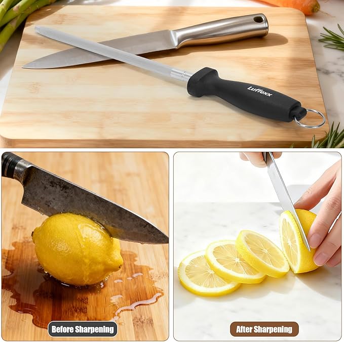 Professional 12-Inch Knife Sharpening Rod, High-Carbon honing rod to Sharpen the Knife Quickly, Perfect Knife Sharpener for Chefs and Home Cooks, Easy to Use & Sturdy