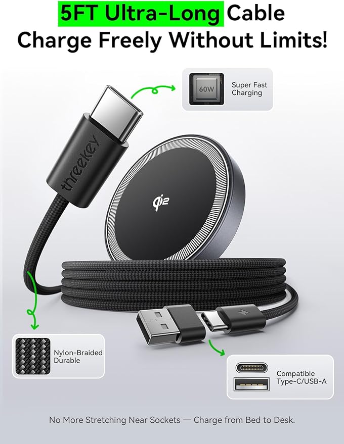 THREEKEY Qi2 MagSafe Charger, Magnetic Charger for iPhone 17-12 Series & Galaxy S25 Ultra, Qi2 Wireless Charger Dual-Sided Magnets, 15W Fast Charging Pad with 5FT USB-C Cable (Black-2 Pack)