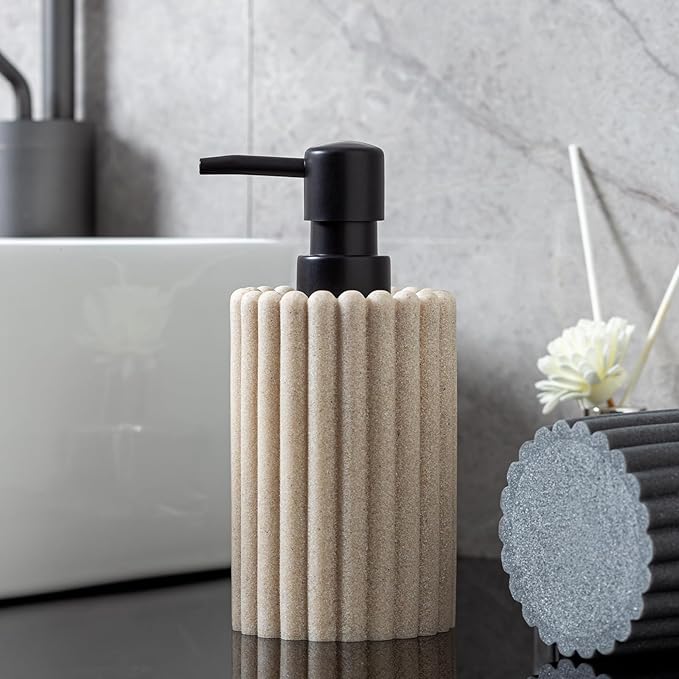 Soap Dispensers 350mL 11.84 OZ, 2 PCS Luxurious Hand Dish Lotion Shampoo Soap Dispenser Jar, Natural Stone Look Soap Pump Bottles for Kitchen Bathroom Countertop (Beige)