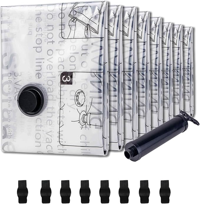 8 Small Vacuum Storage Seal Bags, Space Saver Bags with Travel Hand Pump, Compression Airtight Sealer Bags for Clothes, Bedding, Pillows, Comforters, Blankets