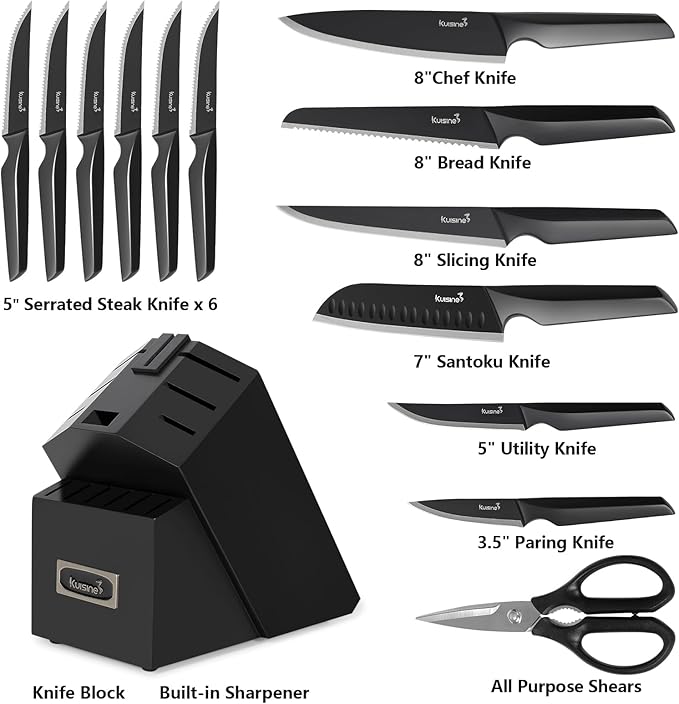 Kuisine Premium Knife Set,One-piece Steel Molding,High Carbon Stainless Steel Ultra Sharp,Non-slip Ergonomic Solid Steel Handle,Built-in Sharpener Knife Block Set,Luxury Gift(15PCS,BlackPro EX)