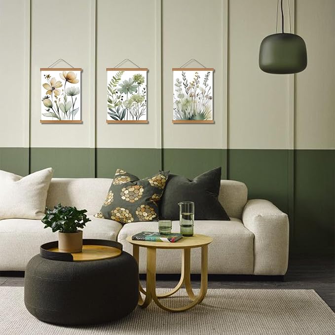 Hanging Botanical flowers Wall Art Set of 3, Watercolor Sage Botanical Plant Floral Canvas Prints Wall Decor, Boho Minimalist Poster Print Artwork for Living Room Bedroom Bathroom Home Decor 12x16In