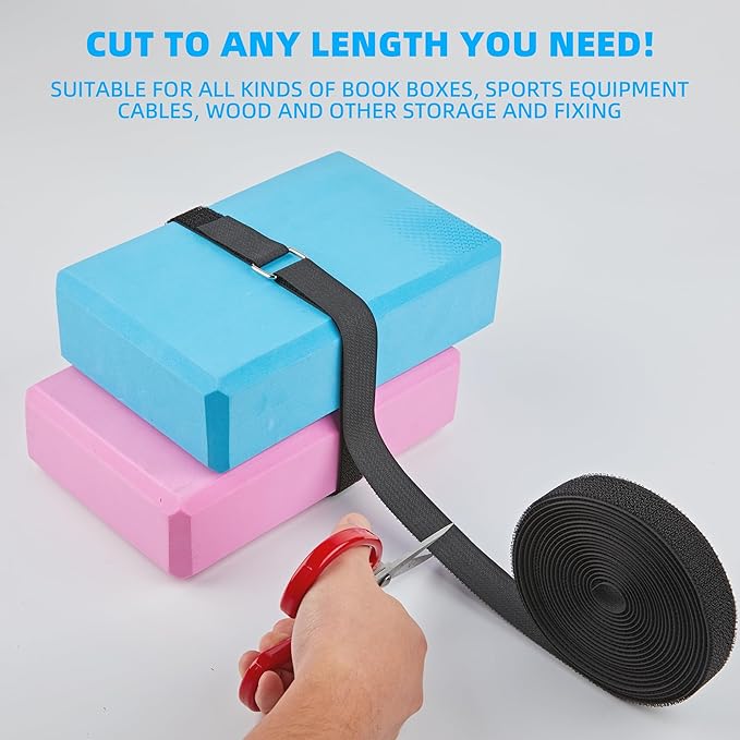 1" x 30ft Reusable Cable Straps Roll with 40 Metal Buckles Adjustable Cut-to-Length Nylon Cable Ties and Fastening Straps for Organizing and Storage Black