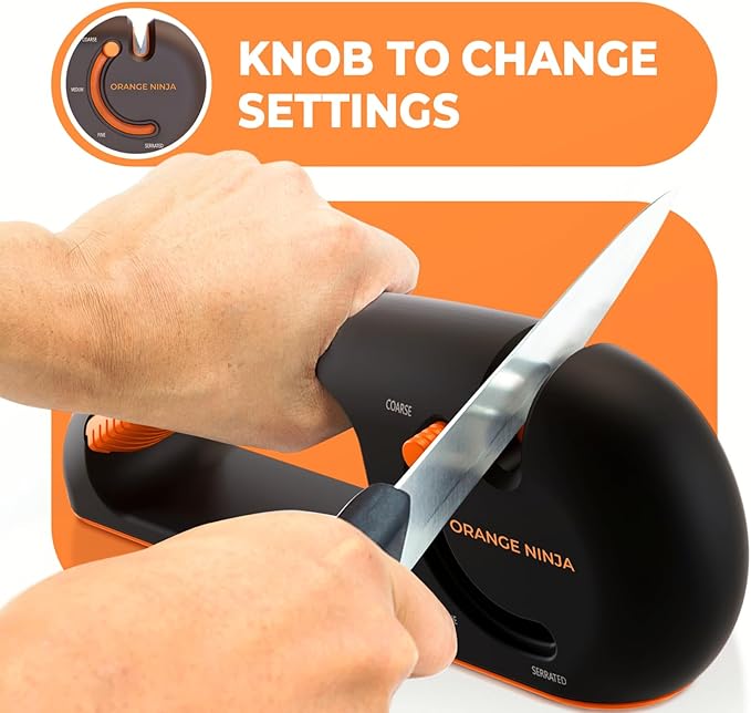 Orange Ninja 4-Stage Knife Sharpener & Serrated Knife Sharpener– Repairs, Sharpens & Polishes Blades with Ergonomic Non-Slip Grip