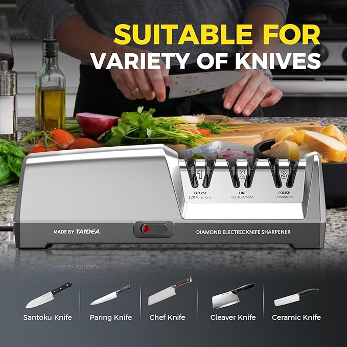 Electric Knife Sharpener, 3-Stage with 100% Diamond Abrasives and Precision Angle Guides, Kitchen Knife Sharpener with Sharpening and Polishing Function