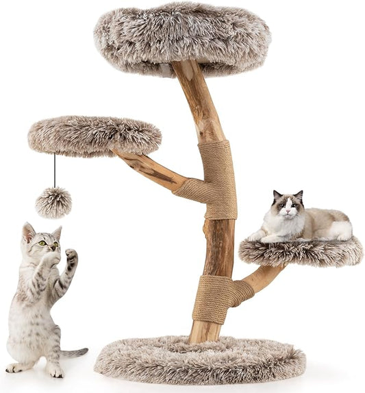 Tangkula Solid Wood Cat Tree, Multi-Level Modern Cat Tower with Scratching Posts, Cozy Top Perch, 2 Platforms, Dangling Ball, Soft Long Plush, Natural Branch Cute Cat Tree for Indoor Kittens