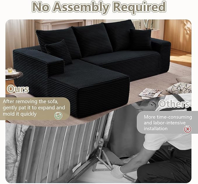 107" Modular Sectional Couches for Living Room, Comfy Boneless L Shaped Cloud Couch with Chaise Lounge, Modern Cozy Corduroy Deep Seat Floor Sofa, Memory Foam, No Assembly Required, Black