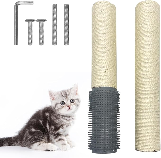 Fhiny 2PCS Cat Scratching Post Replacement, 15.7inch M8 Natural Sisal Cat Scratch Post with Cat Self Groomer Refill Pole Parts Kitten Climbing Furniture Protector Hemp Rope Scratcher for Spare White