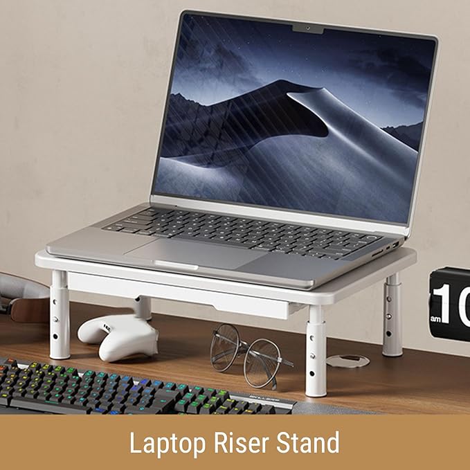 Diyeeni Computer Monitor Stand Riser, Desk Organizers and Accessories with Drawer, Laptop Stand for Desk, Adjustable Height 10.5-14.5cm, 20KG Bearing, Ventilation Hole (White)