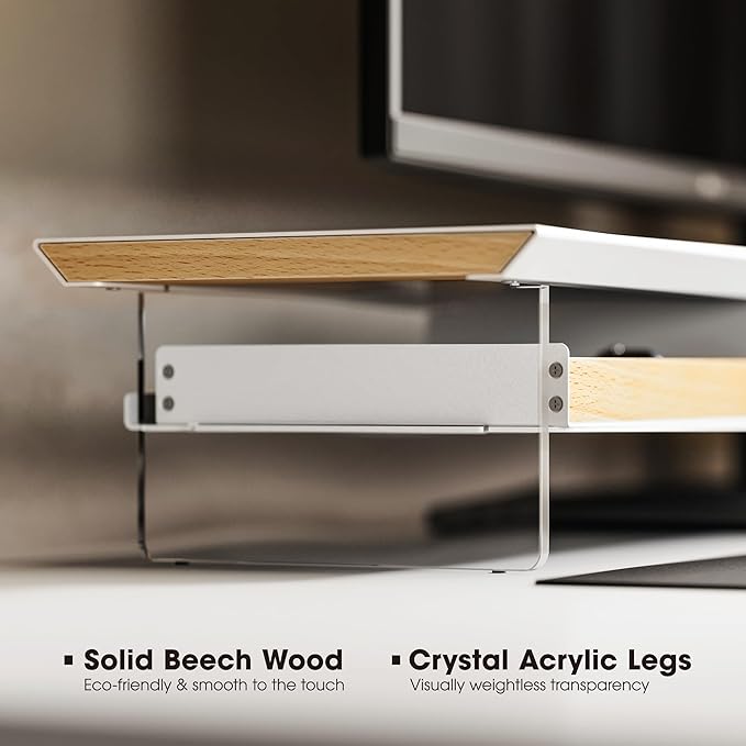 Fenge Acrylic Monitor Stand, 2 Tier Dual Monitor Riser with Solid Wood Drawers, 42.5 Inch Computer Stand for Two 27 Inch Monitors, Desk Shelf for PC, Laptop, Printer, TV, White