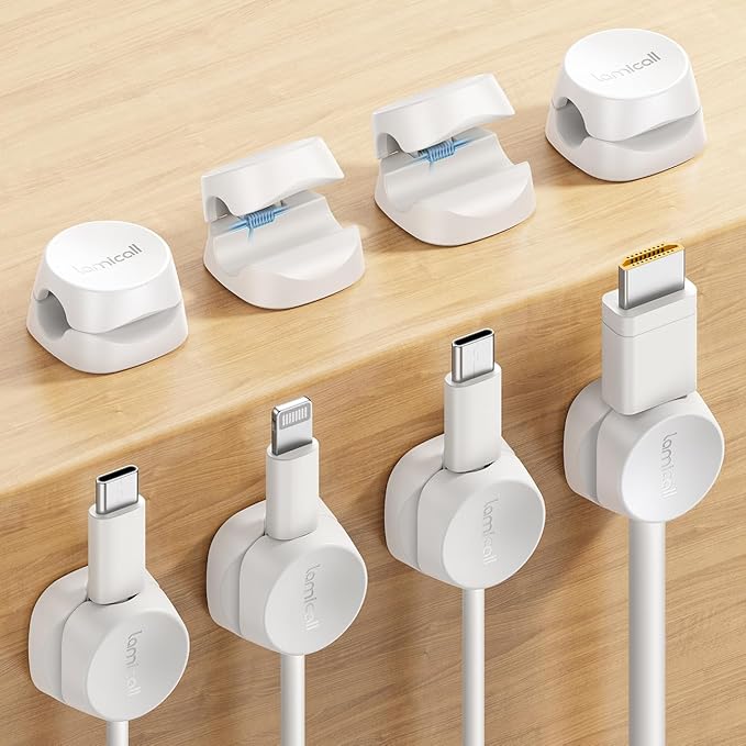 8Pack Cord Organizer [1s Lock] Spring Cable Management Clips - Lamicall Desk Cord Holder, Adhesive Cute Round Cable Clip, Phone Charger Wire Organizer Keeper for Nightstand Car Office Accessory, White