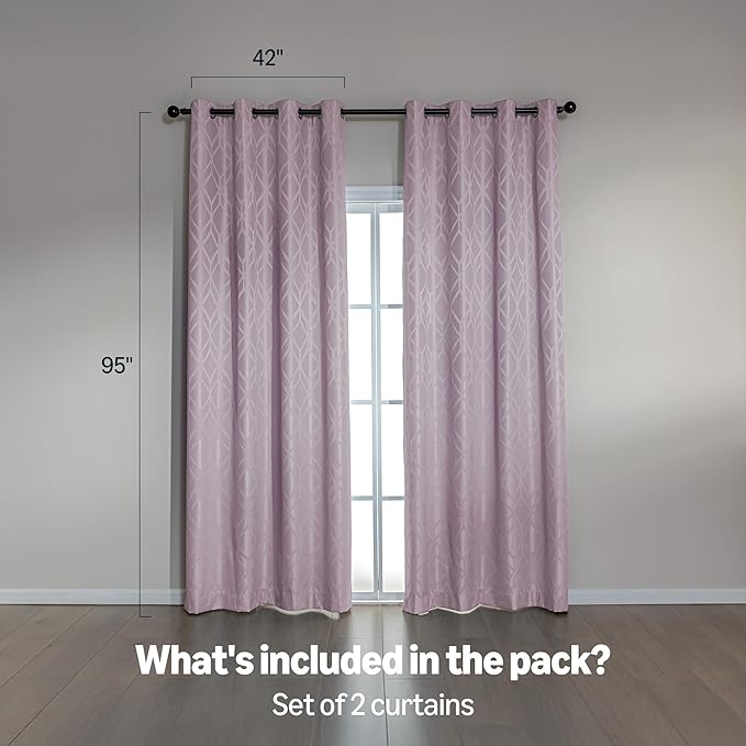 Amazon Basics Jacquard 2-Piece 100% Blackout Curtains, Living Room and Bedroom Drapes, Thermal Insulated Window Treatment, 42"x95", Pink