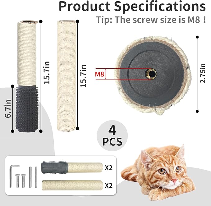 Fhiny 4PCS Cat Scratching Post Replacement with Groomer, 15.7" Natural Sisal Spare Extension Scratch Post for Cats Tree DIY Craft Climbing Perch Hemp Rope Scratcher Perch Parts White