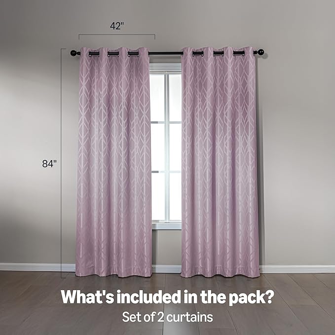 Amazon Basics Jacquard 2-Piece 100% Blackout Curtains, Living Room and Bedroom Drapes, Thermal Insulated Window Treatment, 42"x84", Pink