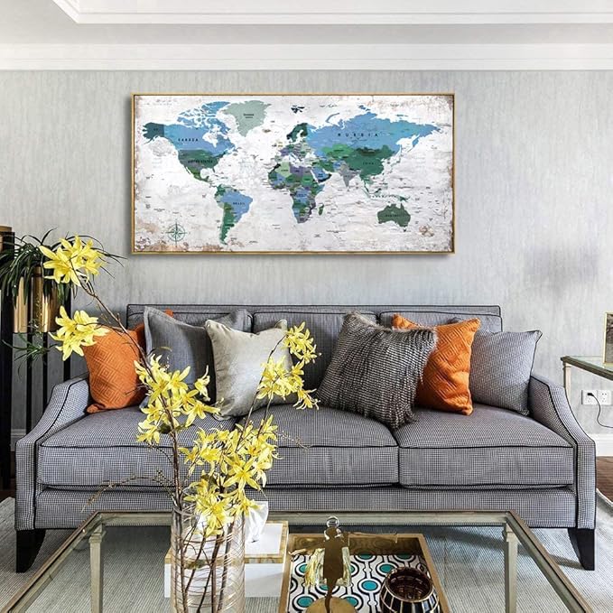 Framed Wall Art World Map Wall Art Canvas Picture 24inchx48inch Large Blue Map of The World Canvas Painting Artwork Prints for Office Wall Decor Home Living Room Decorations Framed Ready to Hang