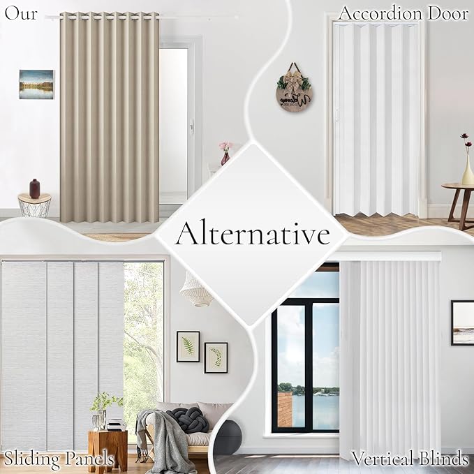 100% Blackout Magnetic Folding Door Curtain, Faux Linen Blackout Thermal Insulated Pinch Pleat Drape for Bedroom, Living Room Patio Door, 1 Panel, W52 x L72, Tan