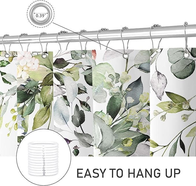Extra Long Eucalyptus Shower Curtain 72 x 96 Inch, Sage Green Botanical Floor to Ceiling X-Long Shower Curtain, Watercolor Plant Leaves with Floral Decorative Bathroom Curtain with Hooks