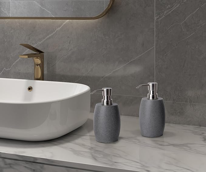 Sandstone Textured Resin Soap Dispenser with Metallic Pump and Waterproof Bottle Labels for Bathroom Kitchen Dish Hand Wash Shower Lotion Shampoo, 12 Oz, 2 Sets Gray